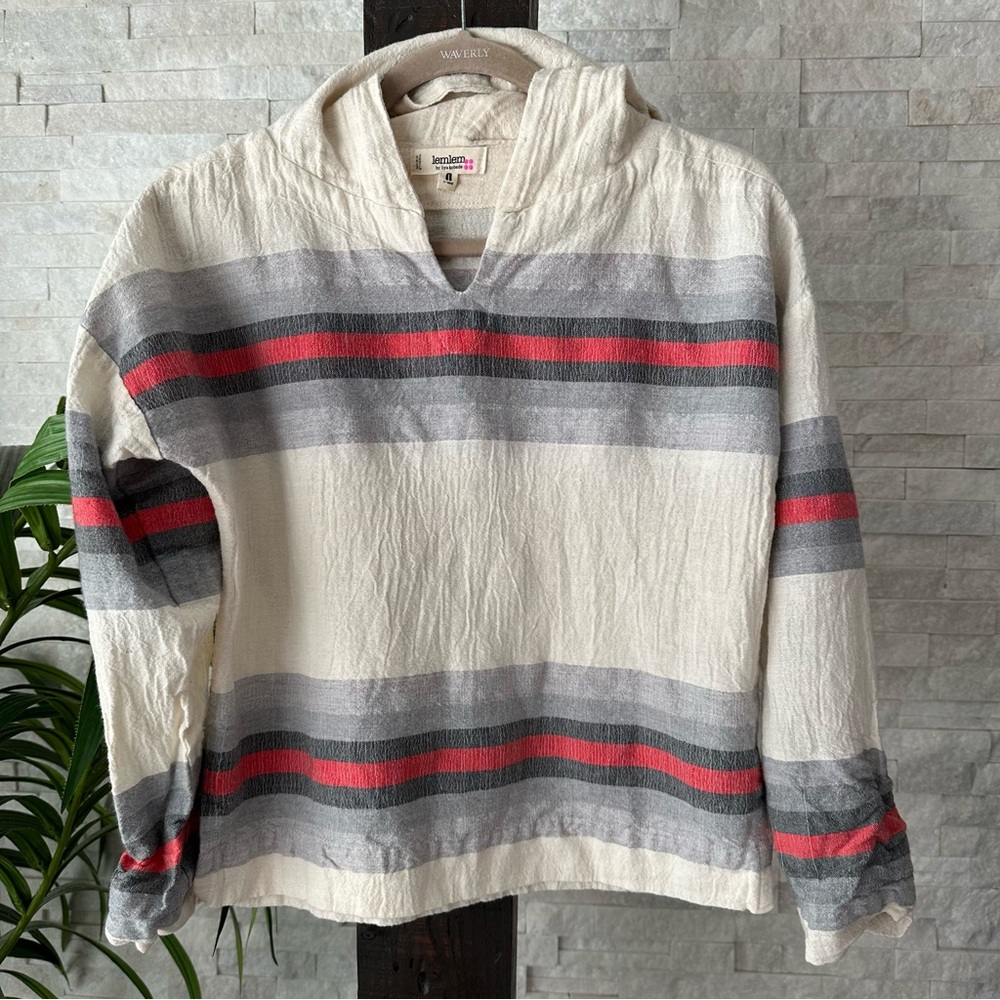 LEMLEM Striped “Bethany” Hooded V Neck Cotton Wool Blend Pullover Top Size XS